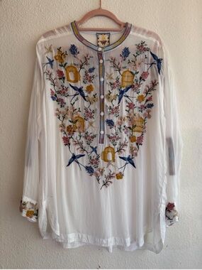 NWT Johnny Was White Embroidered Floral & Bird Long-Sleeve Tunic